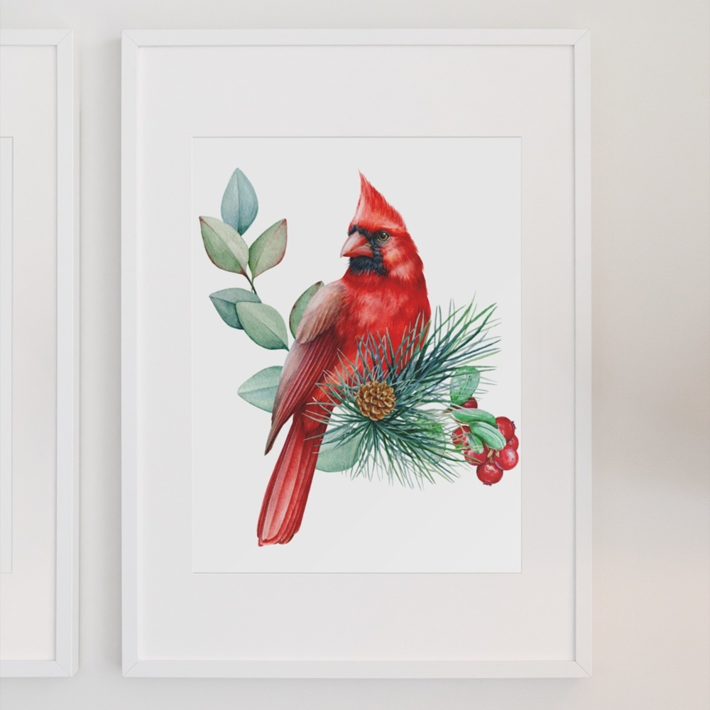 Watercolor Red Cardinal Wall Art Illustration Print Poster Unframed - Picture 6 of 14